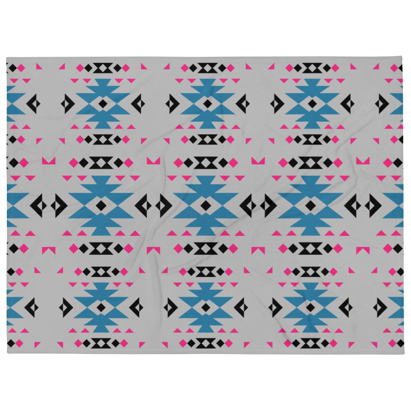Native Pink and Teal Pattern on Gray Throw Blanket