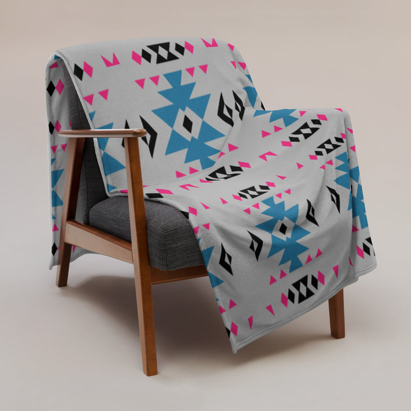 Native Pink and Teal Pattern on Gray Throw Blanket