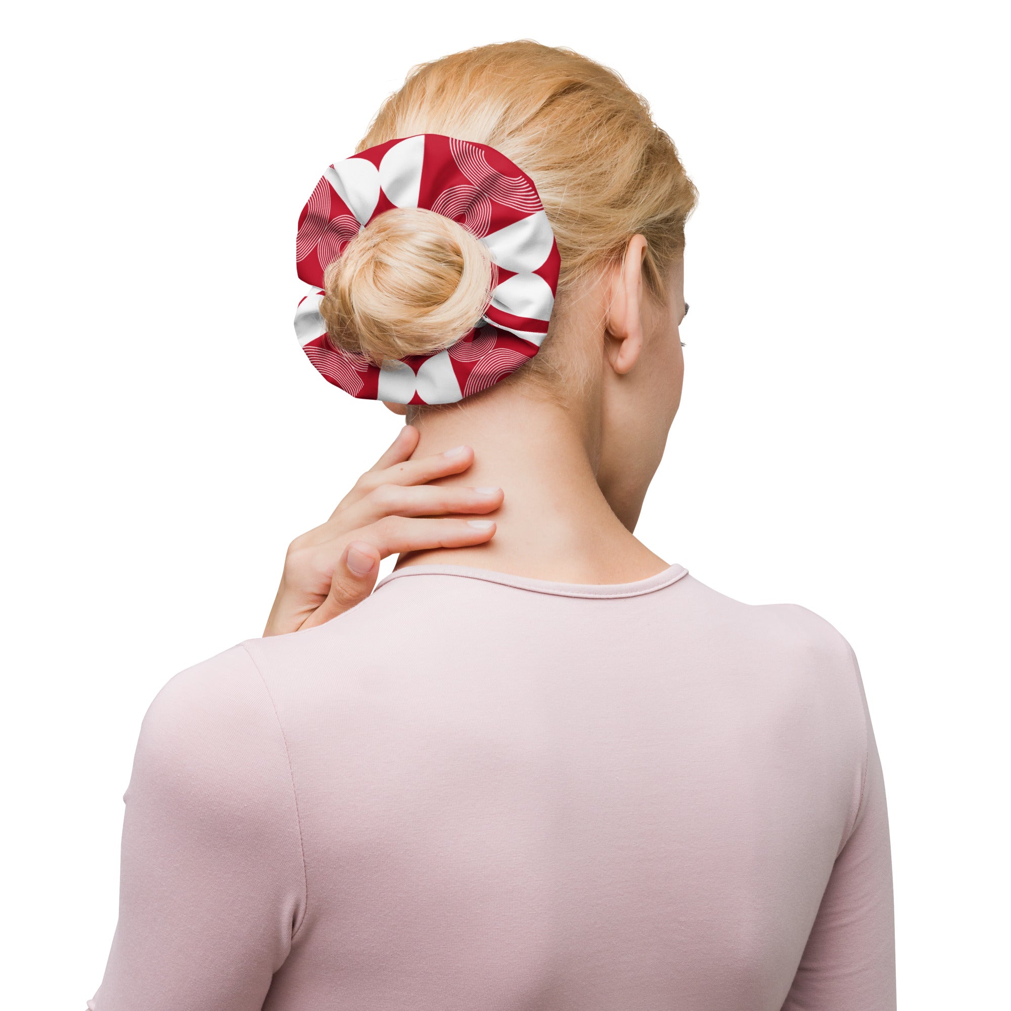 White Geometric pattern on Red Scrunchie